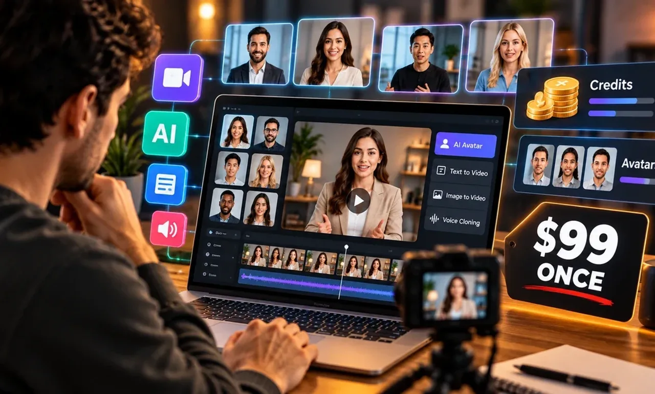 An editor at a laptop running an AI video generator with an avatar presenter on the timeline, a row of avatar thumbnails, a credits meter and a price tag reading $99 once