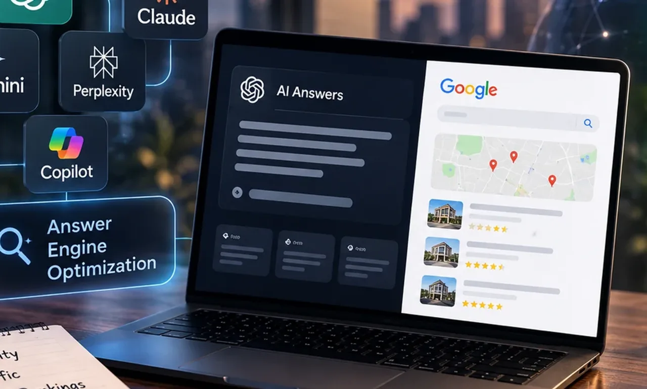 Laptop showing an AI generated answer beside Google search results, surrounded by ChatGPT, Gemini, Claude, Perplexity and Copilot icons representing answer engine optimization