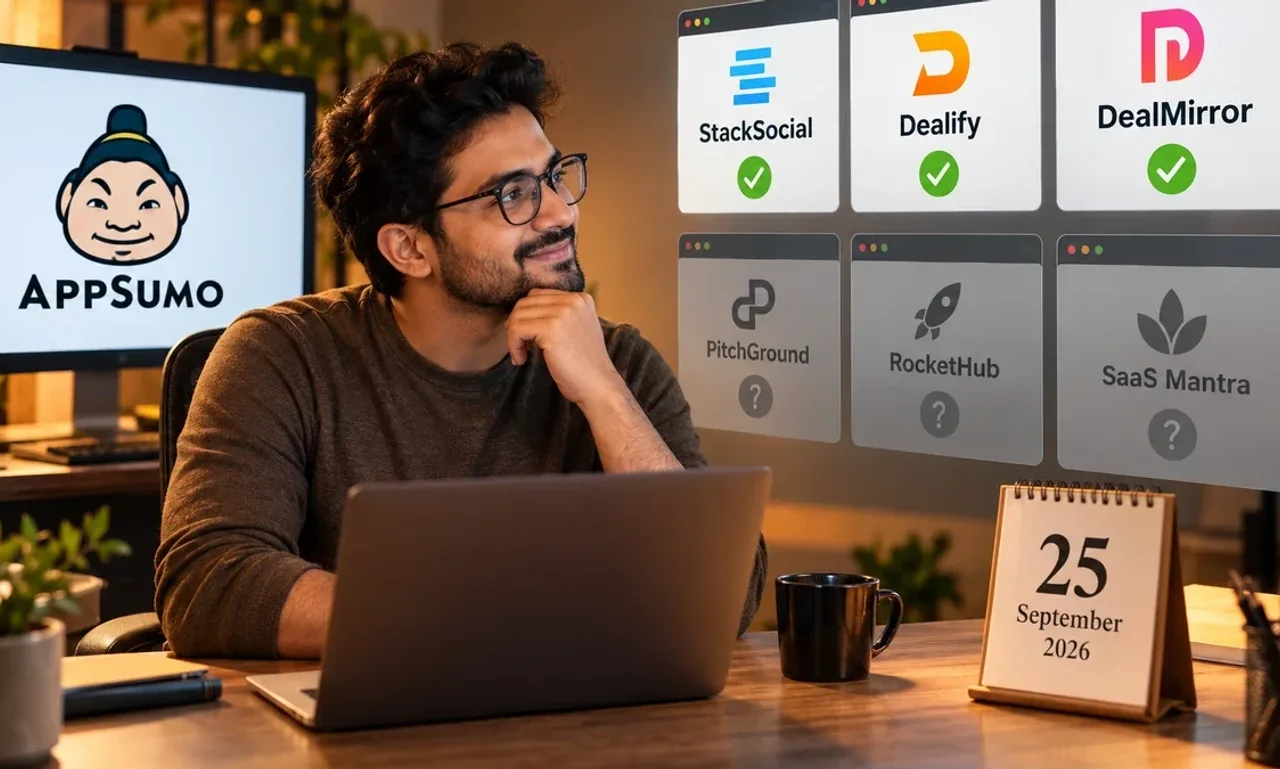 A man at a laptop looks at six floating storefront cards, StackSocial, Dealify and DealMirror lit with green ticks and PitchGround, RocketHub and SaaS Mantra greyed out with question marks, beside a desk calendar reading 25 September 2026 and an AppSumo logo on a monitor