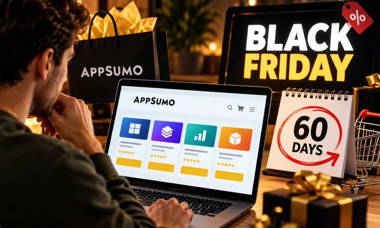 A shopper browsing the AppSumo deal grid on a laptop beside a Black Friday screen, wrapped gifts and a desk calendar reading 60 days