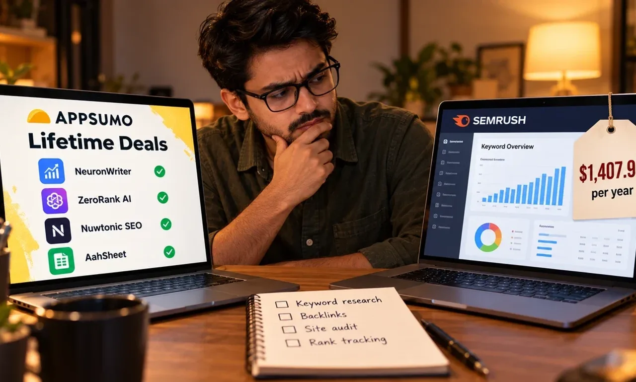 A man with glasses weighs an AppSumo lifetime deals page listing NeuronWriter, ZeroRank AI, Nuwtonic SEO and AahSheet against a Semrush dashboard with a price tag reading $1,407.96 per year, with a notebook checklist for keyword research, backlinks, site audit and rank tracking
