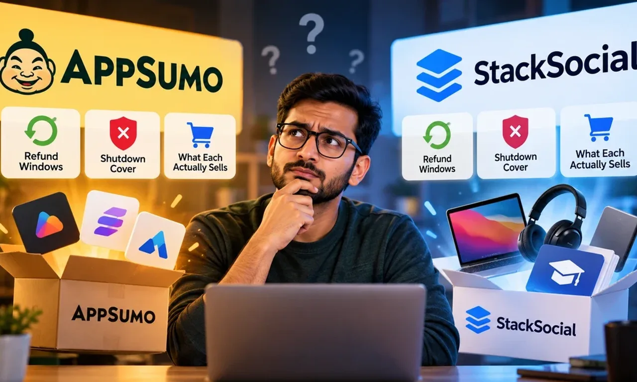 A man comparing AppSumo and StackSocial side by side, a box of software icons under AppSumo and a box holding a laptop, headphones and a course under StackSocial, with refund window, shutdown cover and catalogue labels over each