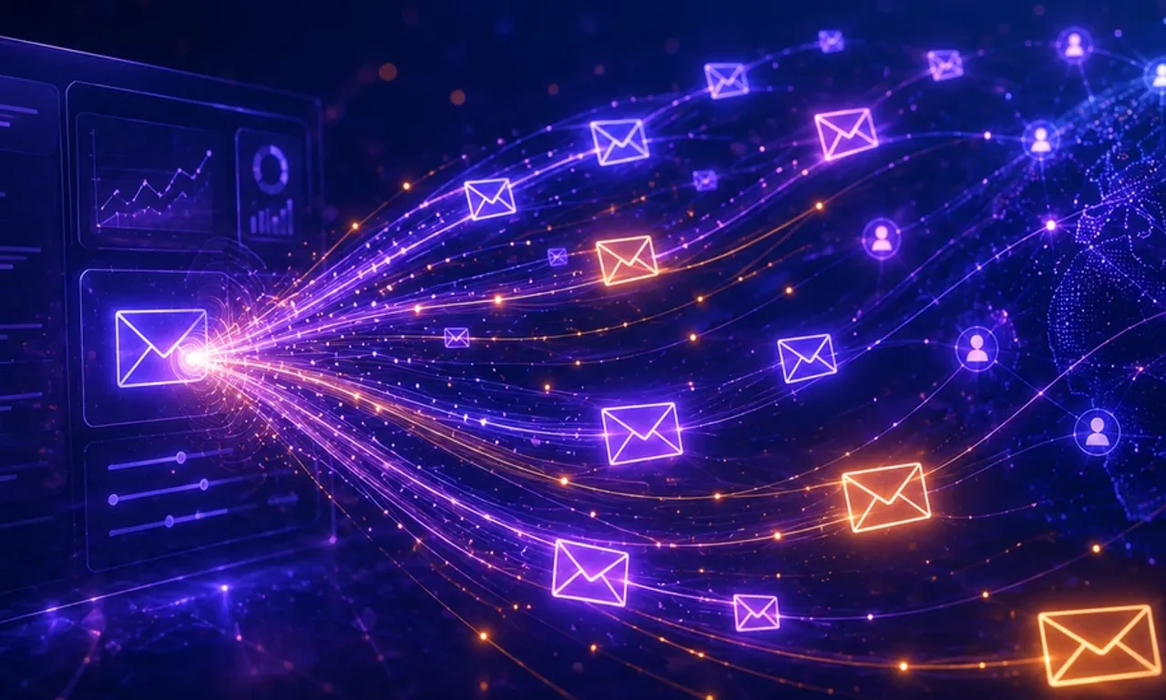 Glowing email envelopes fanning out from a marketing dashboard, representing the best email marketing software in 2026