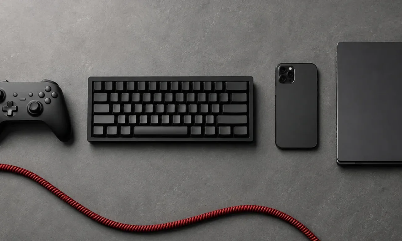 Top-down flat lay of a console controller, mechanical keyboard, phone and laptop edge on a slate desk with a coiled red cable