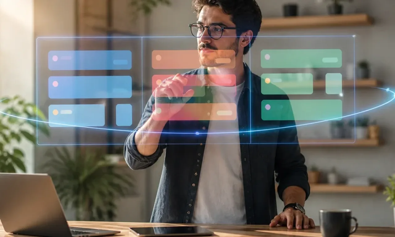 Solopreneur managing kanban board with floating holographic project cards at modern desk, 2026 productivity tools comparison, CriticNest review