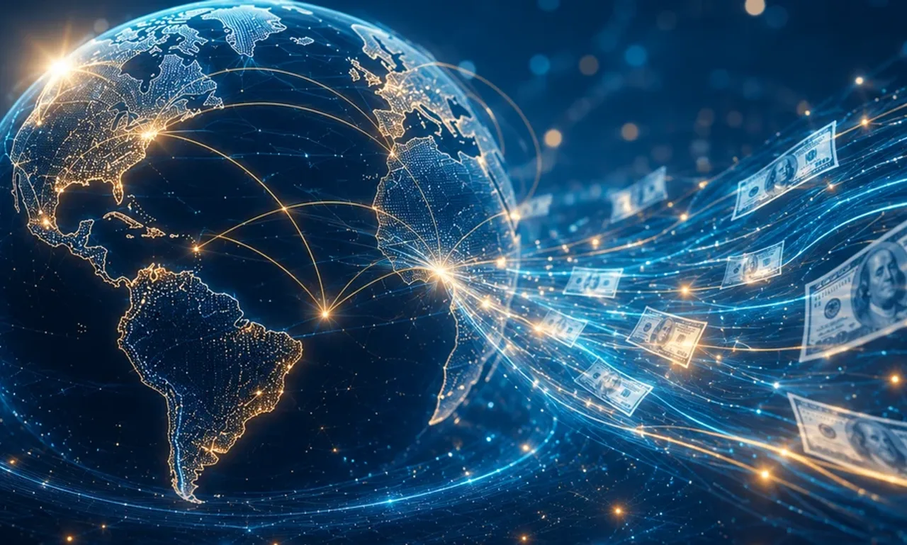 Glowing globe with golden connection arcs representing the best ways to send money internationally in 2026