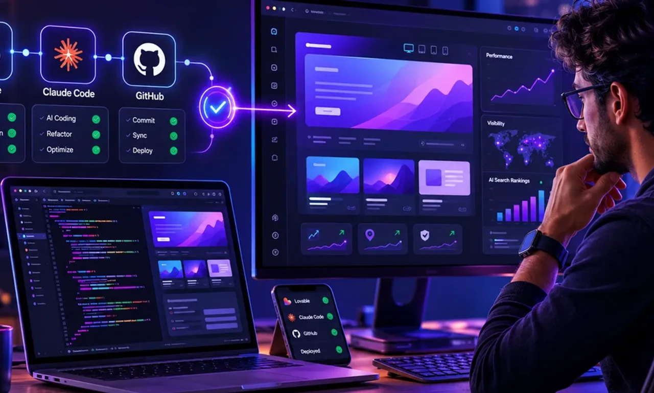 Developer at a desk watching a Lovable, Claude Code, and GitHub workflow build a website on screen