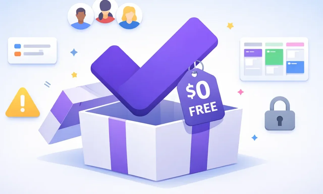 ClickUp free plan for small teams - free forever features and limitations illustrated with task management icons