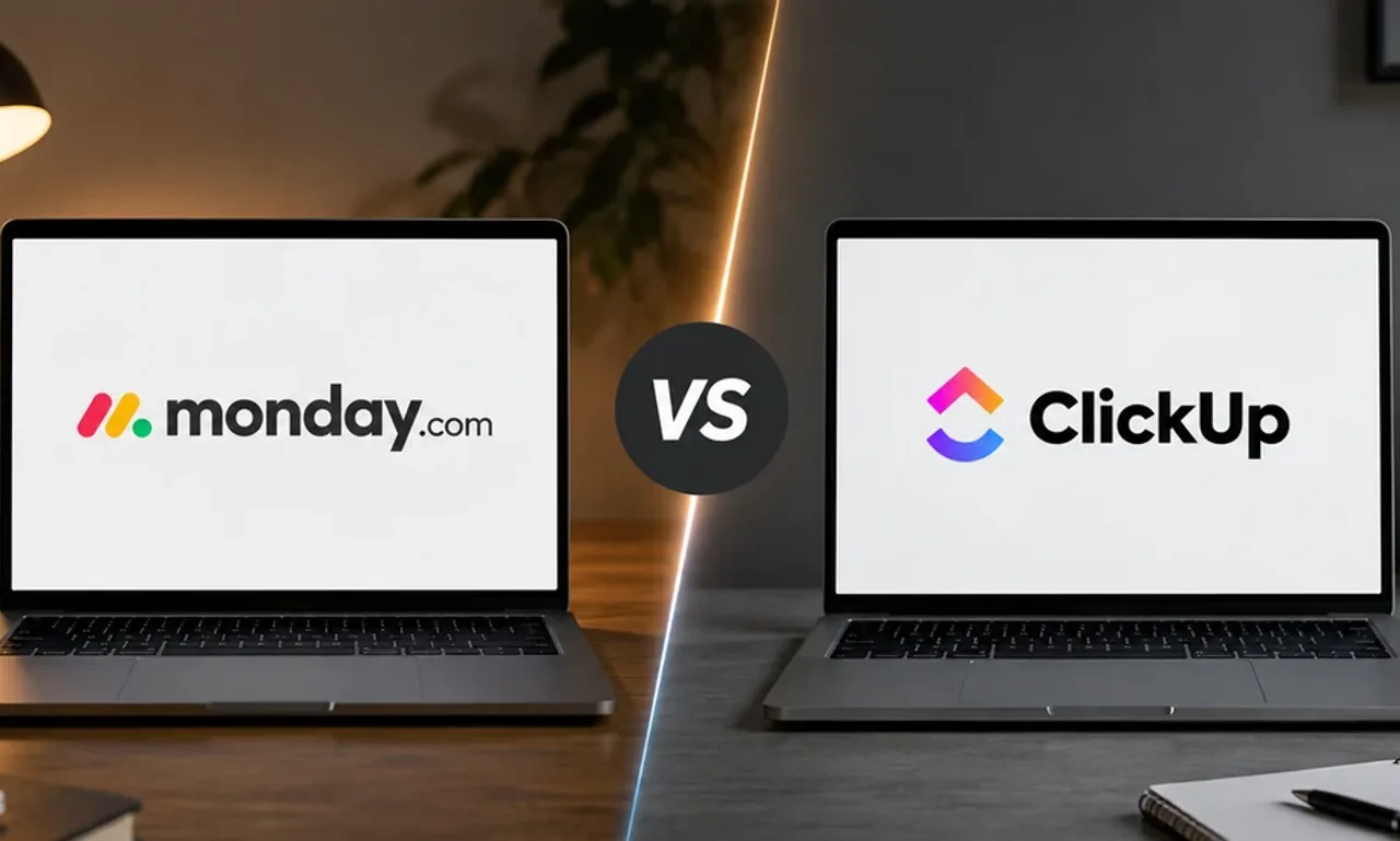 Two open laptops facing each other on a desk split into warm and cool halves, the left screen showing the monday.com logo and the right screen showing the ClickUp logo, separated by a VS badge.