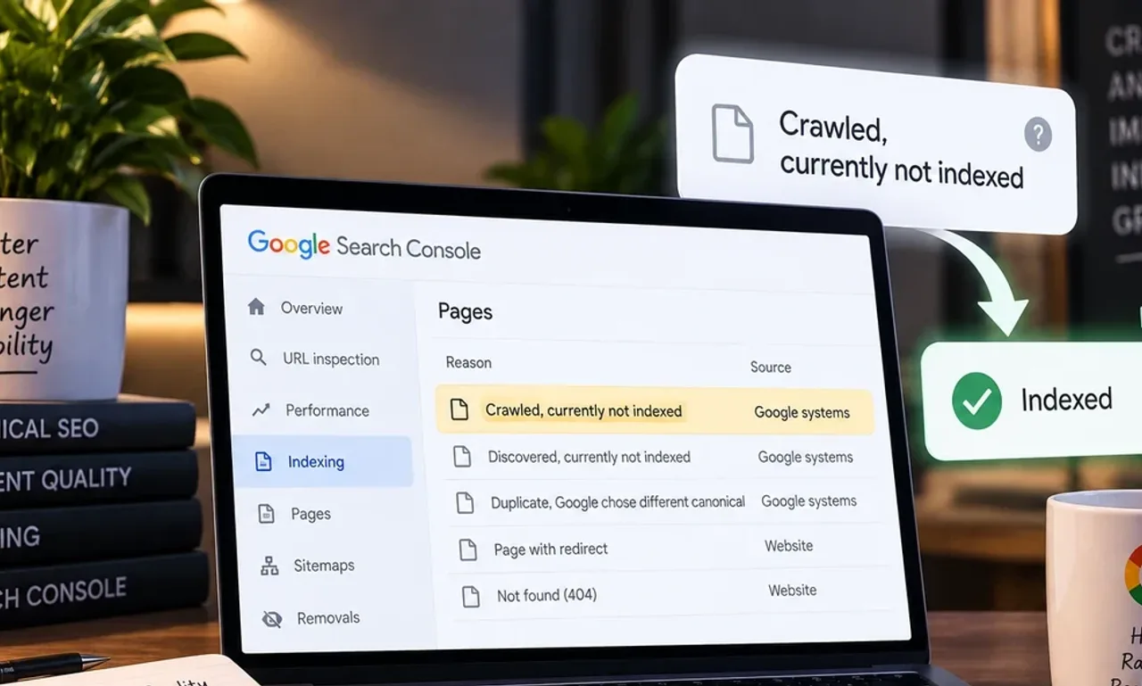 Laptop showing the Google Search Console Pages report with the Crawled, currently not indexed reason highlighted above Discovered, Duplicate and redirect rows, and an arrow pointing to an Indexed badge
