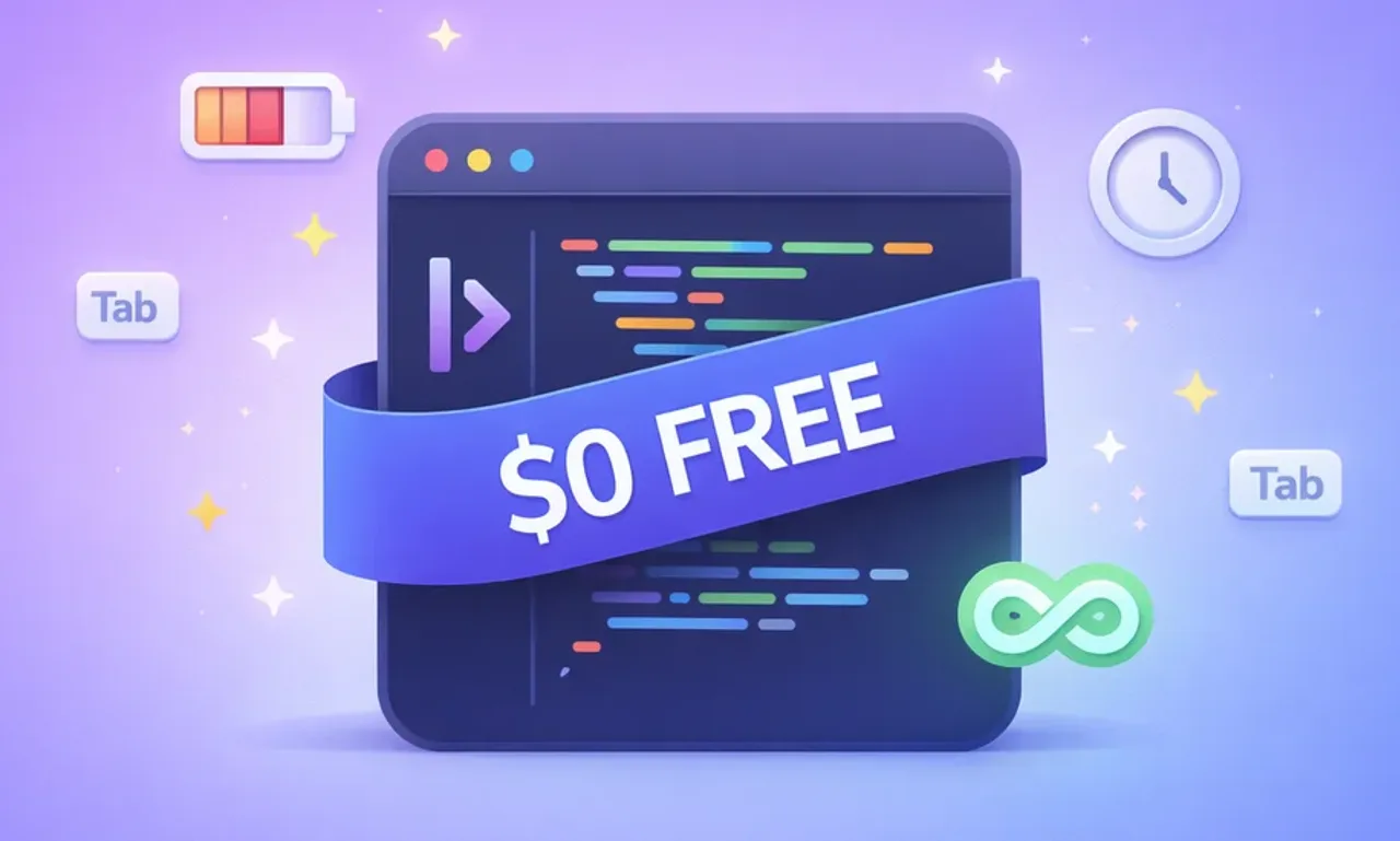 Cursor AI free plan code editor with /usr/bin/bash free badge, Tab completion icons, and usage limit indicators