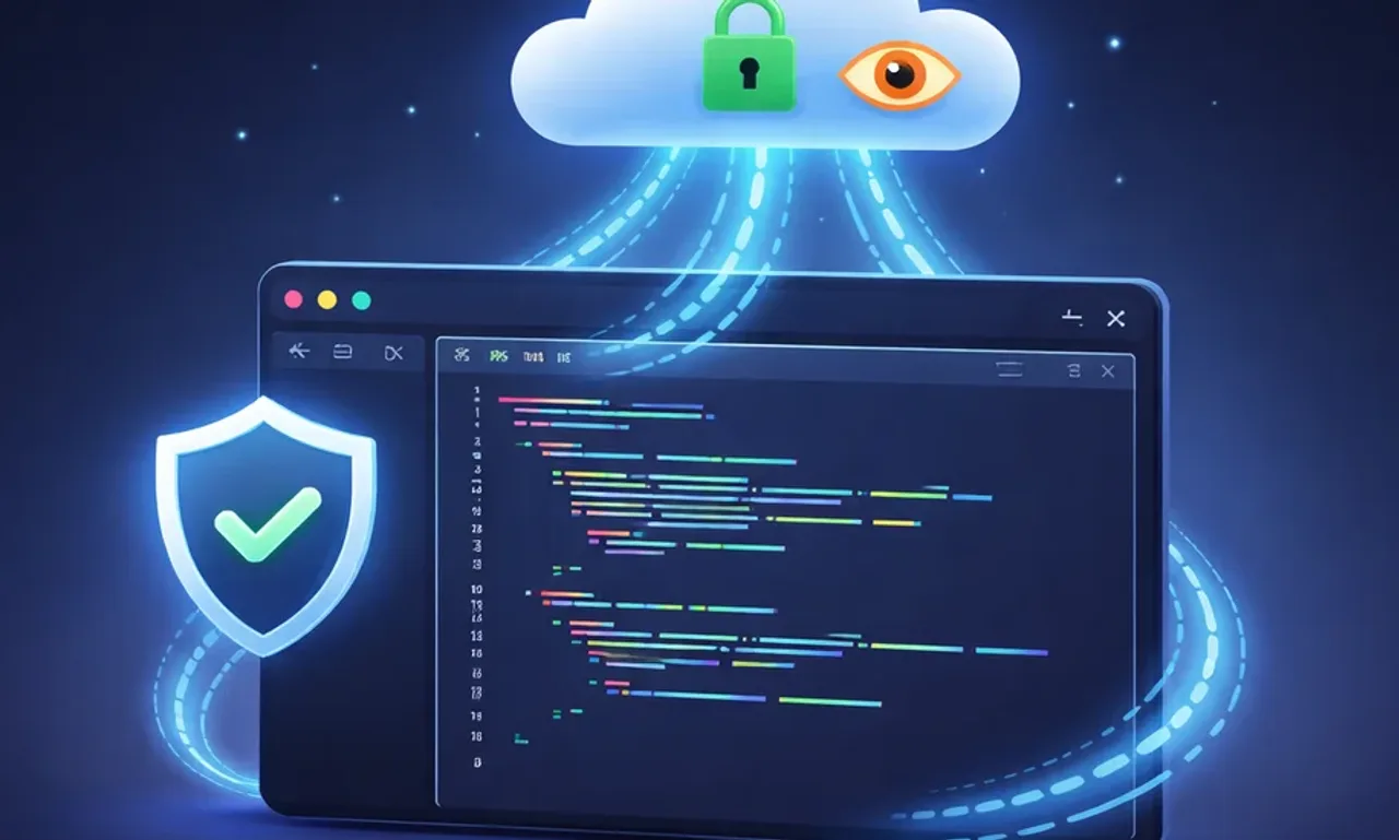Cursor AI code editor sending code to cloud servers with privacy shield and lock icons