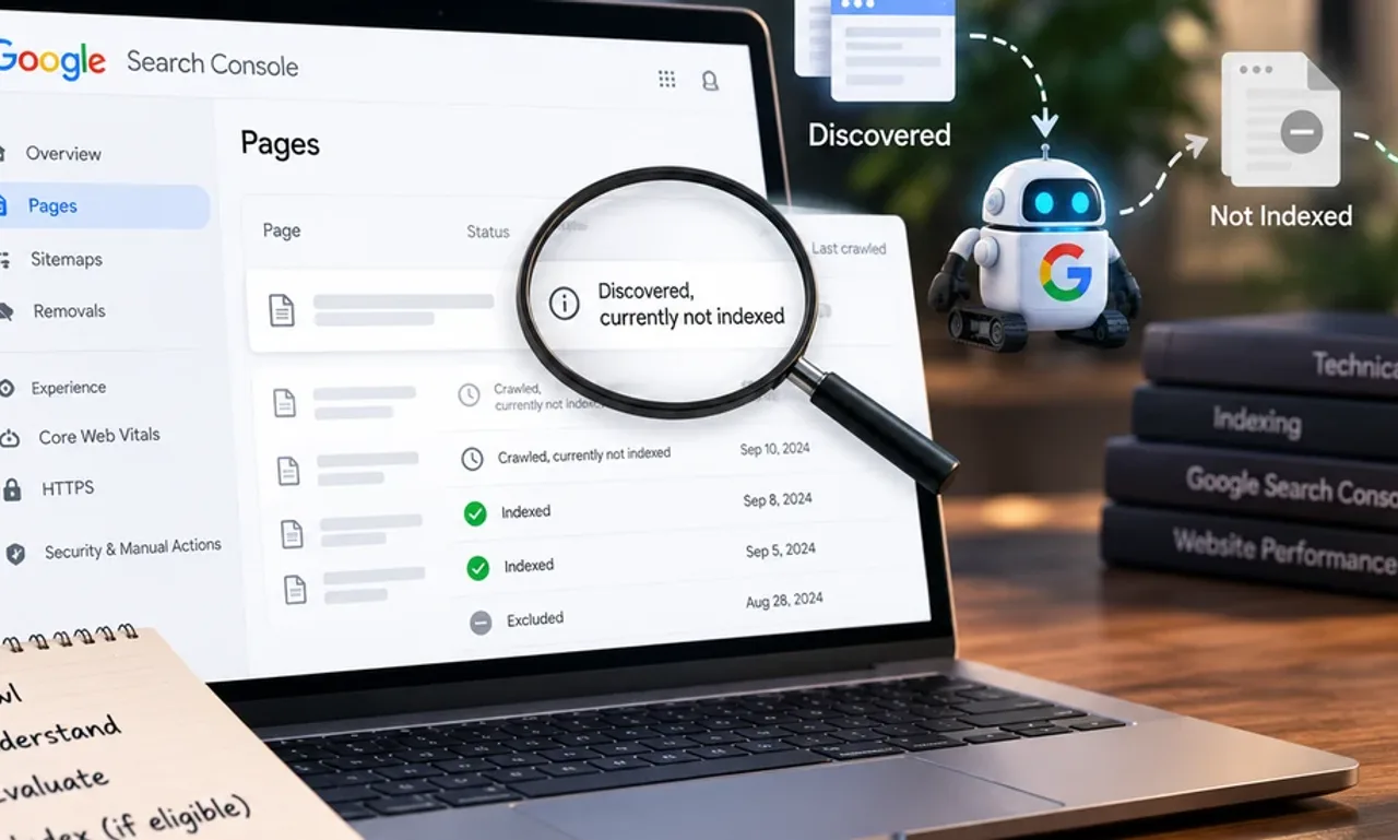 Google Search Console Pages report on a laptop with a magnifying glass over the Discovered, currently not indexed status