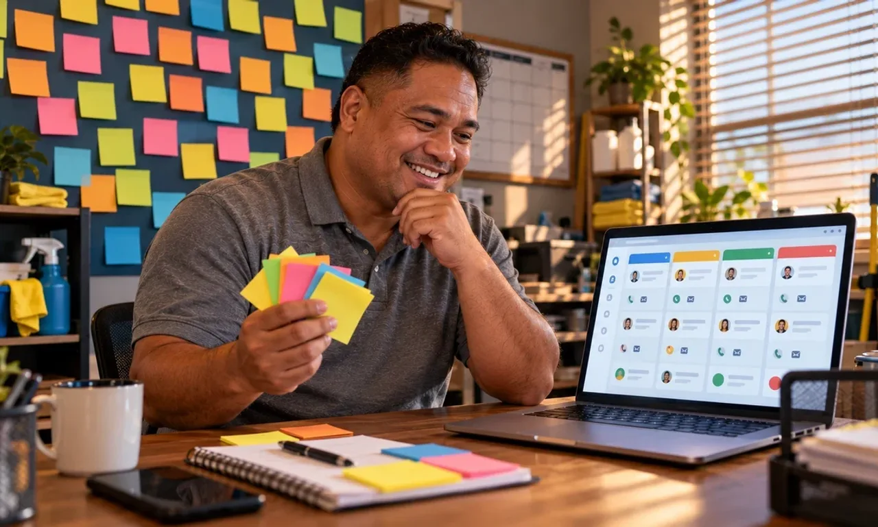 Cleaning company owner holding a handful of sticky notes in front of a wall covered in them while smiling at a laptop showing an organised CRM pipeline of customer cards