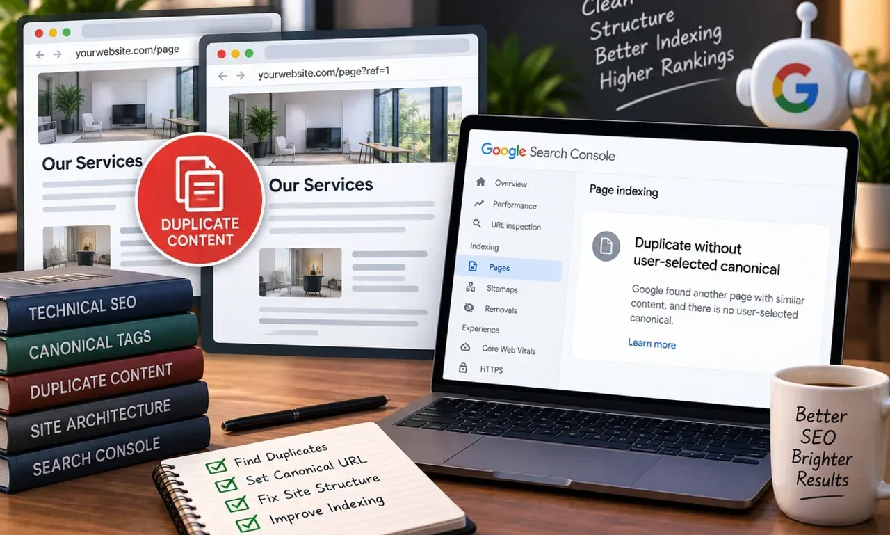 Two browser windows showing the same page at two URLs with a duplicate content badge, beside a laptop with the Google Search Console Page indexing report reading Duplicate without user-selected canonical