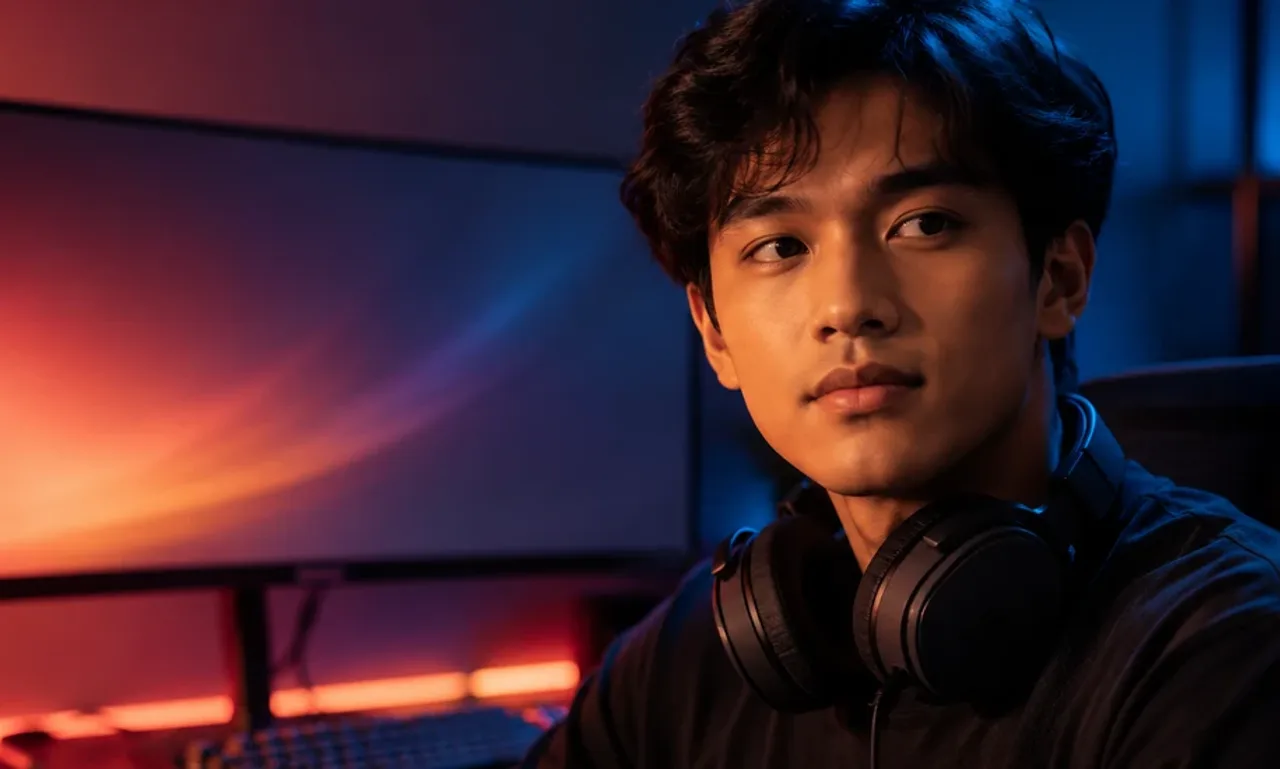 A young gamer with a headset around his neck sits at a night-time gaming desk, an ultrawide monitor and coral and blue ambient lighting behind him