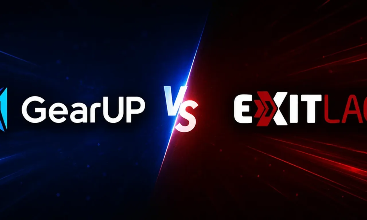 GearUP vs ExitLag head-to-head comparison banner with the GearUP brand logo on the blue side and the ExitLag brand logo on the red side, separated by a VS marker, for the CriticNest 2026 ping reducer comparison