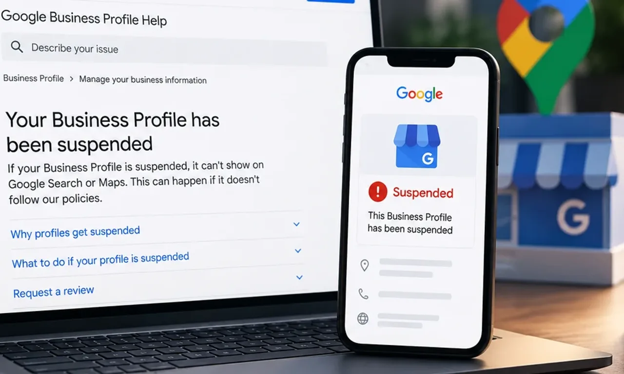 Google Business Profile Help page showing a suspended business profile notice on a laptop beside a phone displaying the suspension message