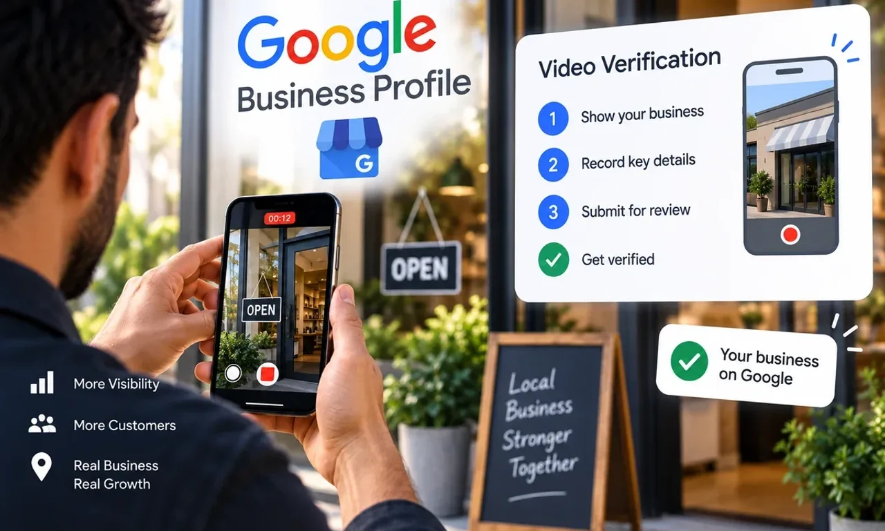 Business owner recording a shopfront and its open sign with a phone for Google Business Profile video verification, with a four-step verification card beside the doorway