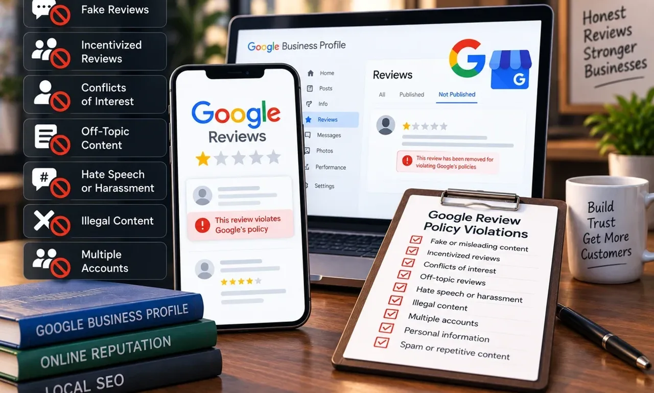 Phone and laptop showing Google Business Profile review screens with a removed review notice, beside a clipboard checklist of review policy violation types
