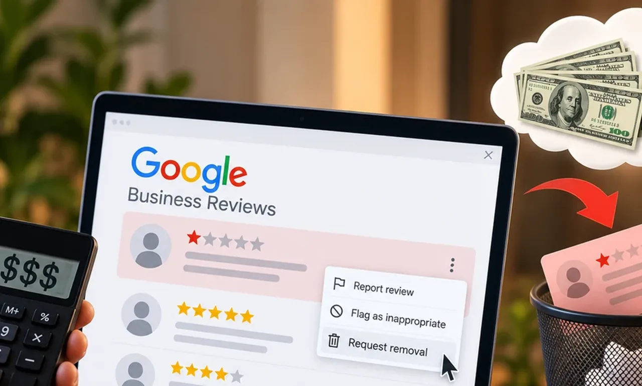 Hand holding a calculator showing dollar signs beside a laptop with a Google Business Profile reviews list, an open report menu, and a one star review dropping into a bin