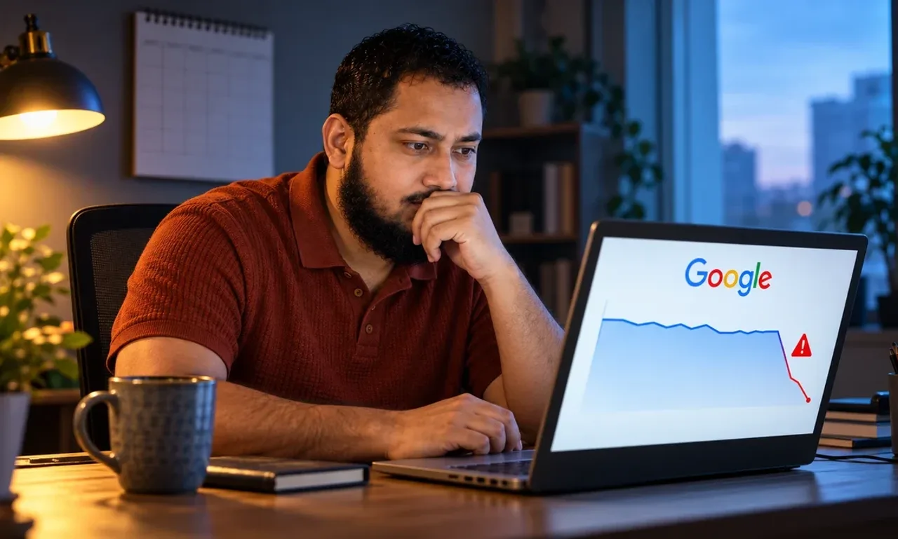 Business owner at his desk at dawn, hand to his mouth, studying a laptop showing the Google logo above a traffic chart that drops sharply beside a red warning sign