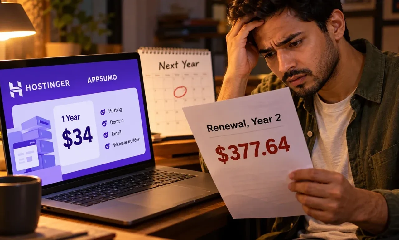 A worried man holds a paper bill headed Renewal, Year 2 that reads $377.64, beside a laptop showing the Hostinger AppSumo bundle card at $34 for one year and a desk calendar marked Next Year