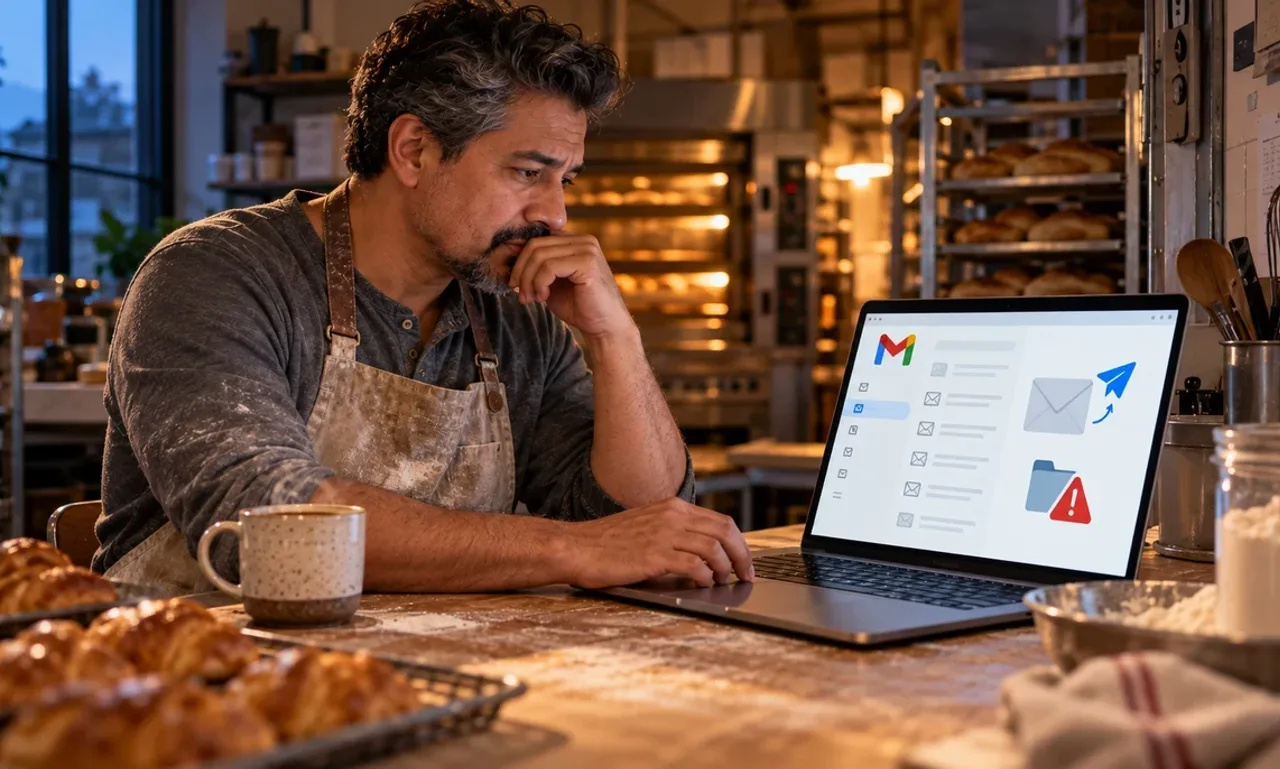 Bakery owner hesitating before sending an email campaign, his laptop showing a Gmail inbox with a send icon and a spam folder warning