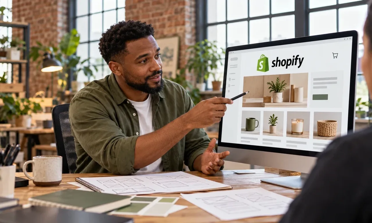 Web developer pointing at a monitor showing the Shopify logo on a store design mockup while explaining the build plan to a client, with page layout sketches on the desk