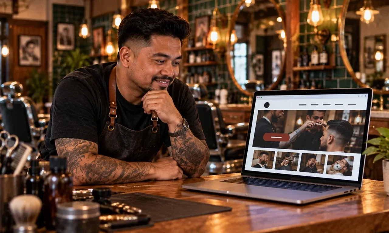 Barbershop owner smiling at a laptop on his counter showing his new small business website with a booking button and service photos