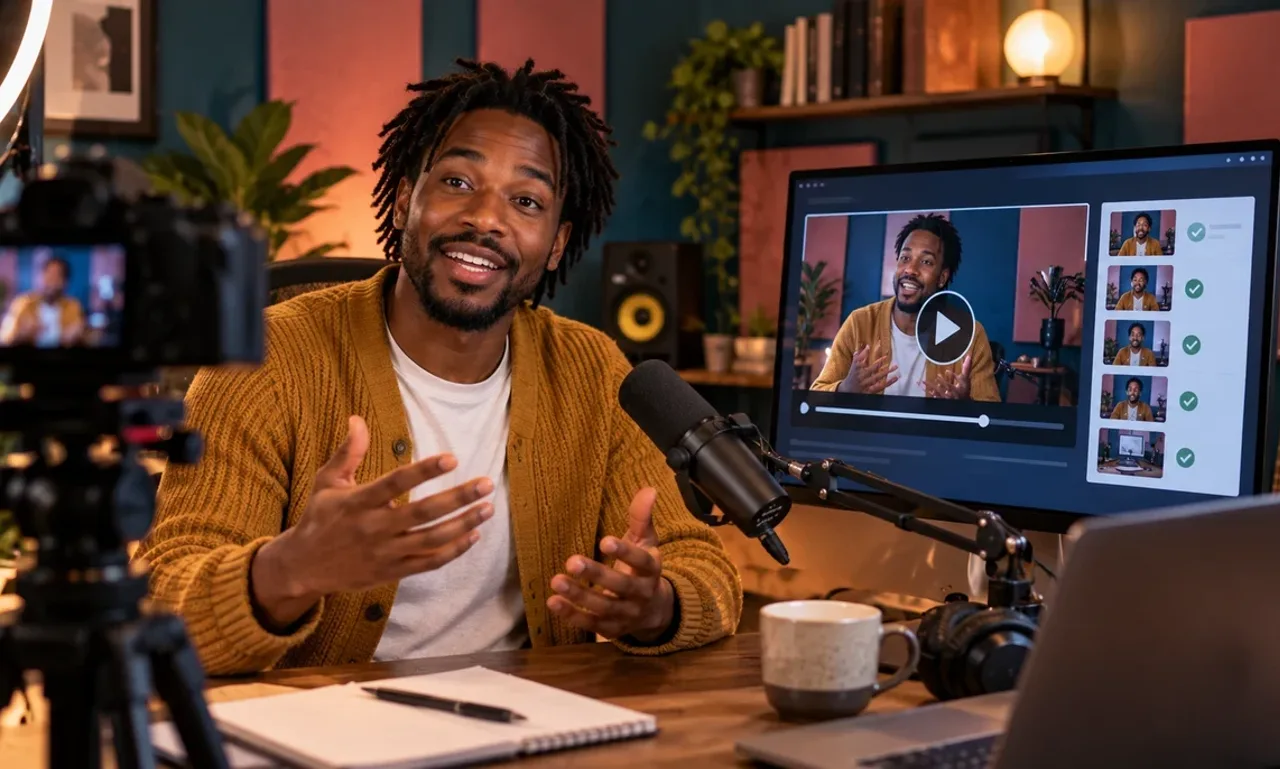 Course creator recording a lesson in a home studio with a camera, microphone and ring light, a monitor beside him showing an online course player with lesson thumbnails