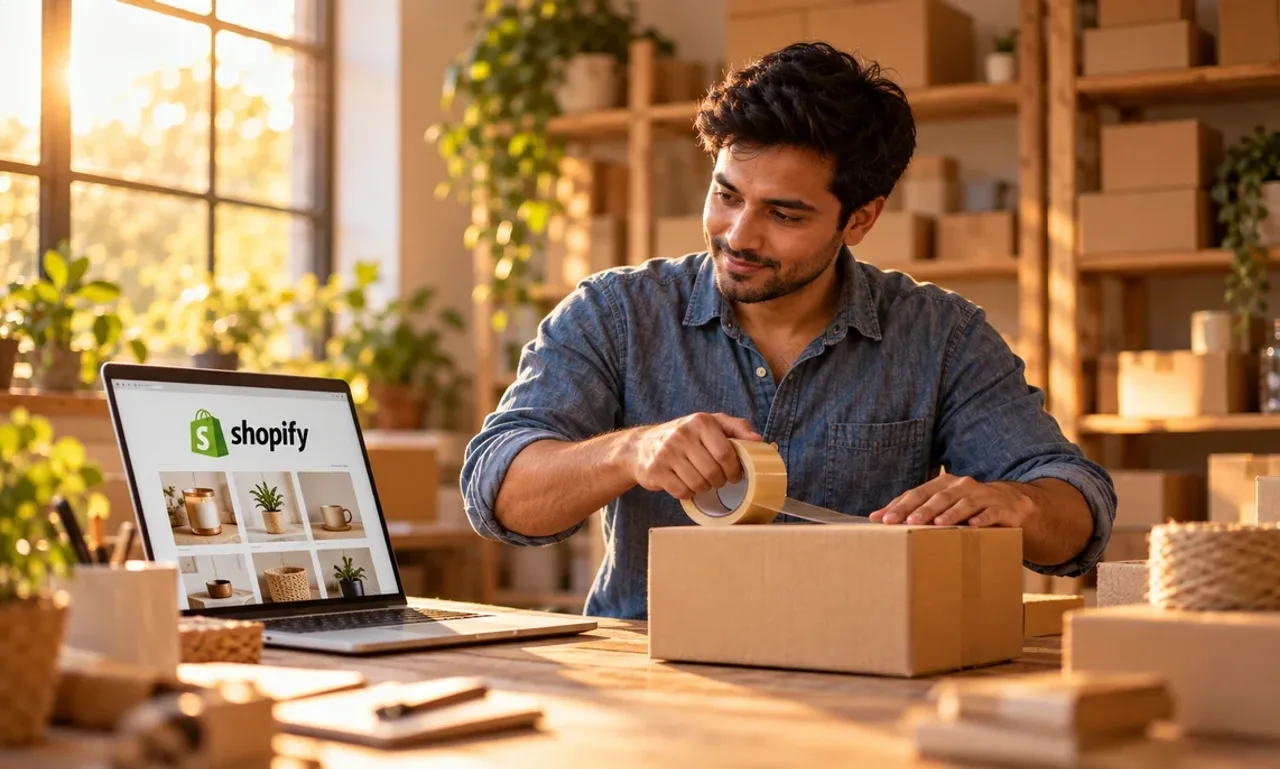 Small business owner taping a shipping box in a sunlit home workshop beside a laptop showing the Shopify logo above an online store product grid