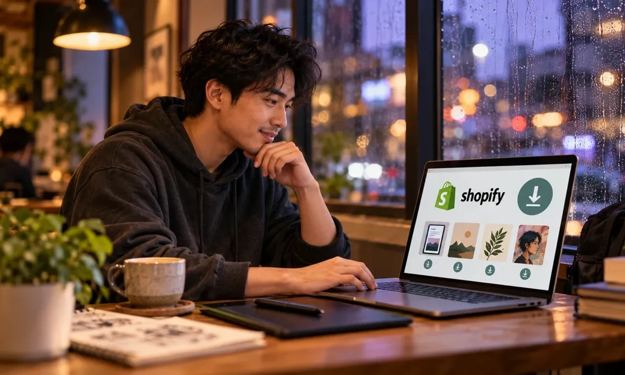 Illustrator in a cafe on a rainy evening looking at a laptop showing the Shopify logo, a download icon and digital files for sale