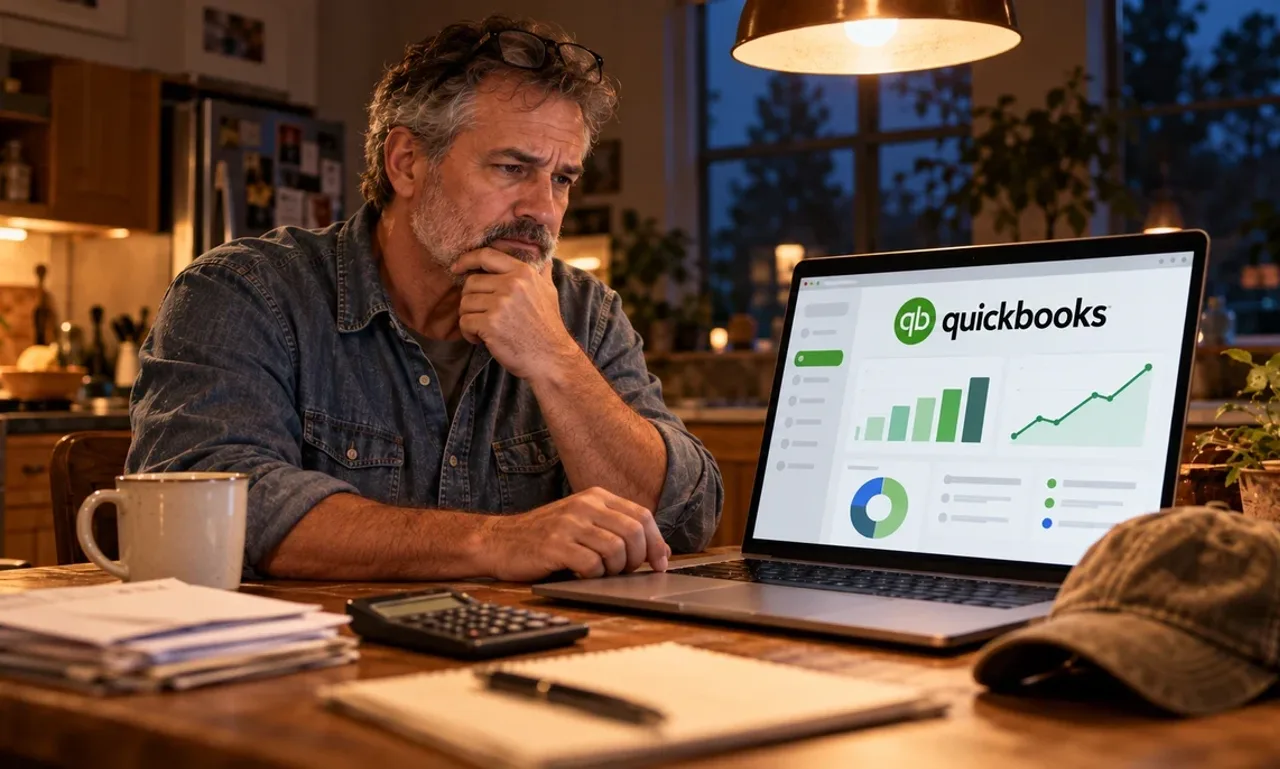 Small business owner at his kitchen table at night looking with concern at a laptop showing the QuickBooks logo and an accounting dashboard, a calculator and bills beside him