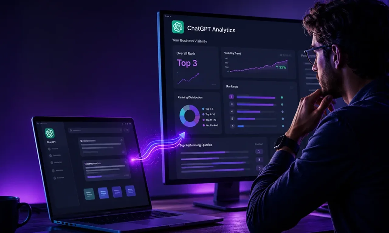 Business owner viewing a ChatGPT analytics dashboard showing a Top 3 visibility ranking