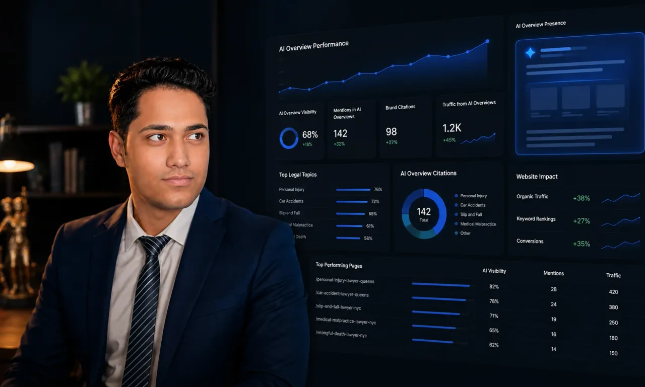 Ashikur Rahman beside an AI Overview performance dashboard showing rising visibility, mentions, and traffic from AI Overviews on a law firm client site, illustrating how to rank in AI Overviews per Google's 2026 SEO guide