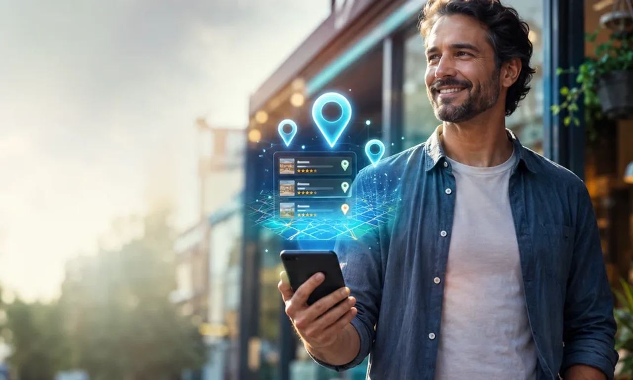 Local business owner outside his storefront holding a phone with glowing Google Maps location pins and review listings floating above it