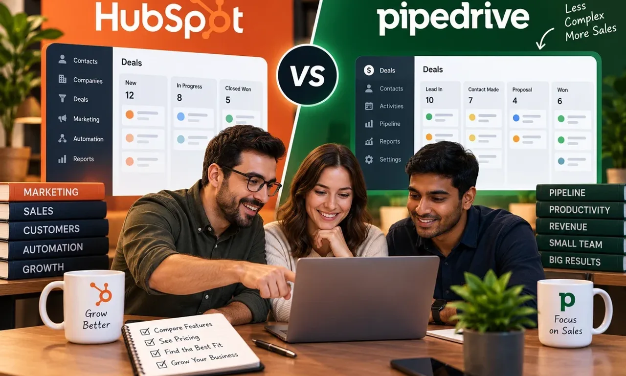 Three-person sales team at a laptop between a HubSpot deals board on an orange panel and a Pipedrive pipeline board on a green panel, with a VS badge between them