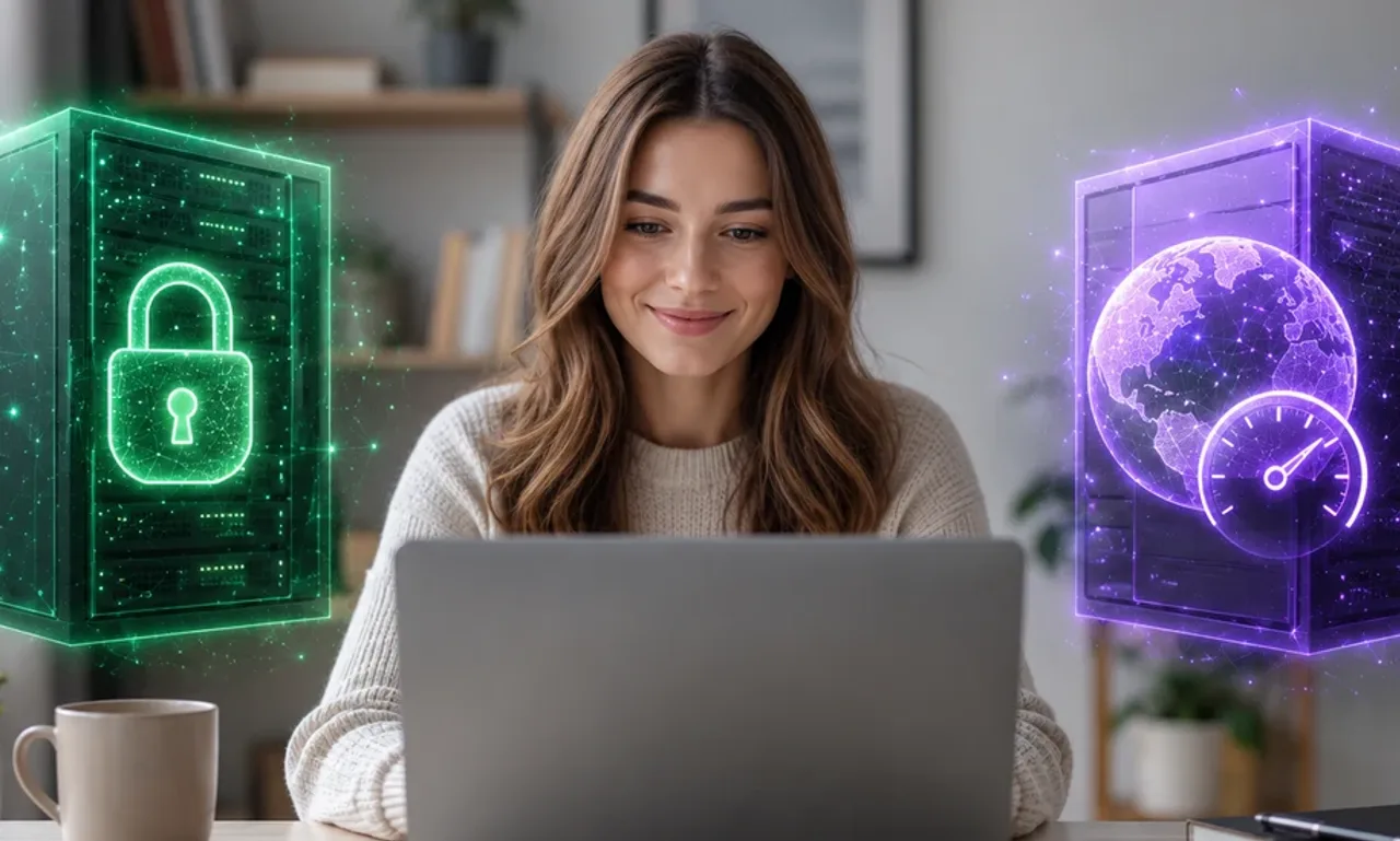InterServer vs Hostinger web hosting comparison, shown as a green InterServer server panel and a purple Hostinger server panel beside a woman working at a laptop.