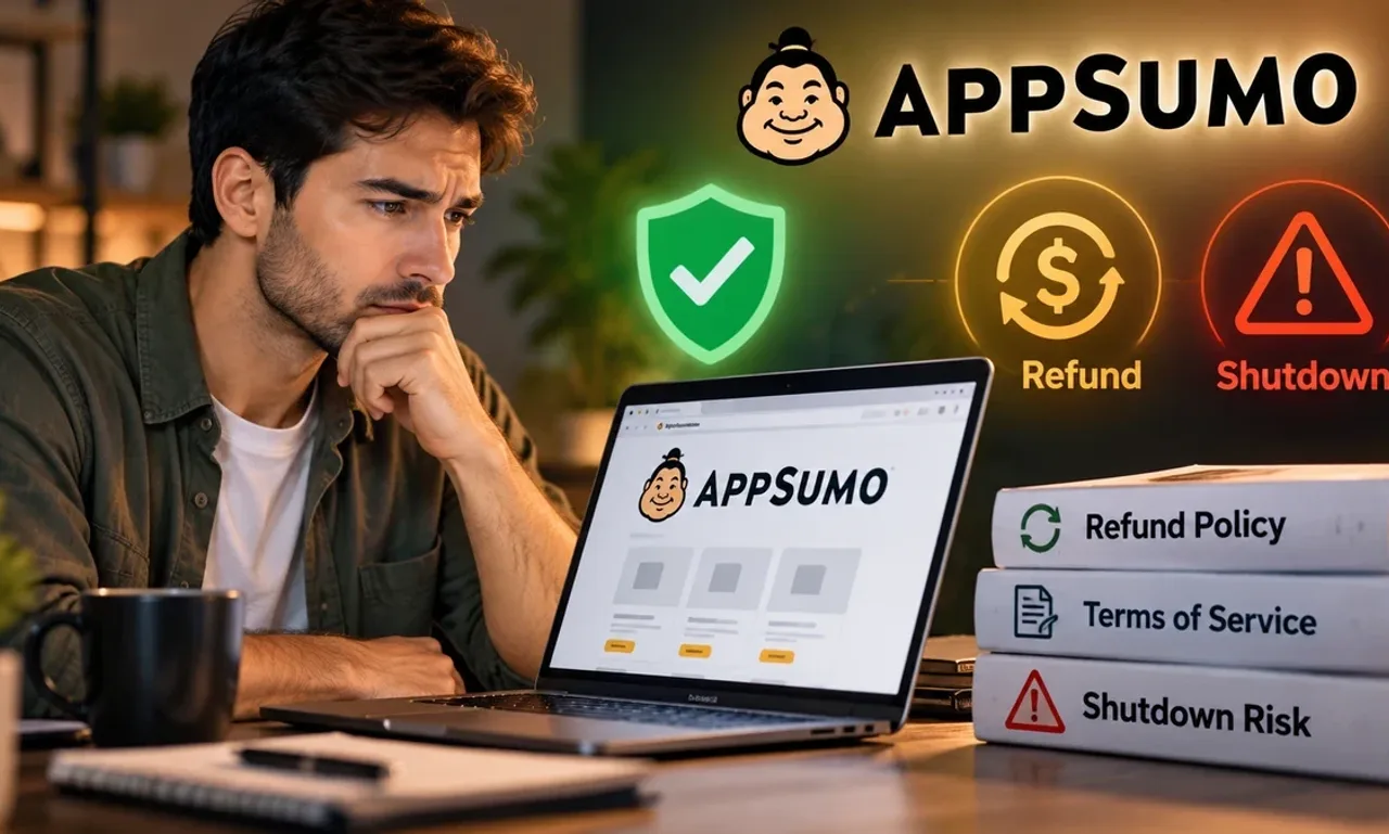 A man at a desk studying an AppSumo deal page on a laptop, with refund policy, terms of service and shutdown risk binders stacked beside it