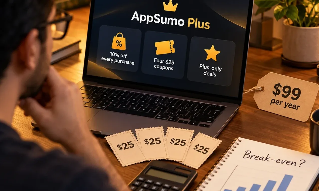 Over a man's shoulder, a laptop shows AppSumo Plus with tiles for 10% off every purchase, four $25 coupons and Plus-only deals, beside a price tag reading $99 per year, four $25 paper coupons fanned over a calculator and a notebook headed Break-even