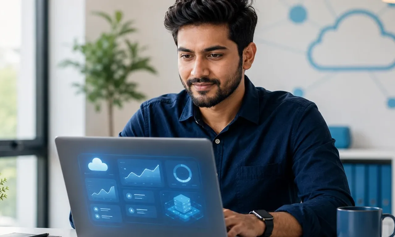Cloudways 2026 review featured image showing a focused web developer evaluating a managed cloud hosting dashboard on a laptop in a bright minimal home office