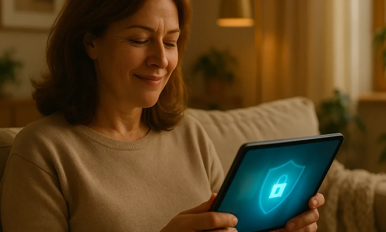 F-Secure 2026 review featured image showing a reassured woman relaxing on a sofa reviewing a clean security dashboard on a tablet in a warm Scandinavian living room