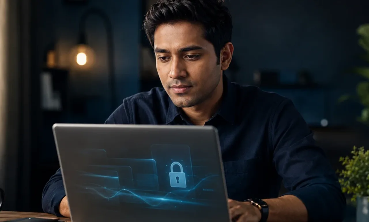 hide.me VPN 2026 review featured image showing a focused user evaluating the audited no-logs VPN service on a laptop with a privacy padlock interface