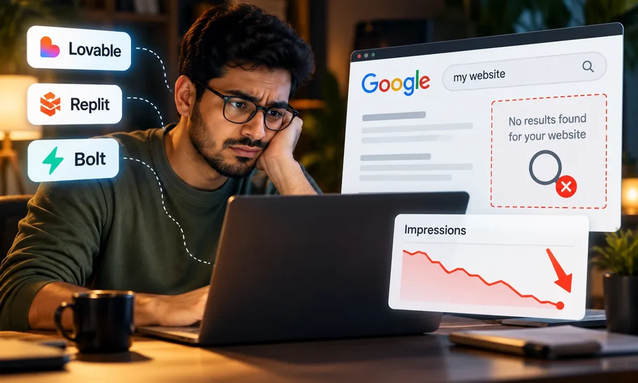 Site owner frowning at a laptop while Google shows no results for a site built with an AI builder such as Lovable or Bolt, next to a falling impressions chart