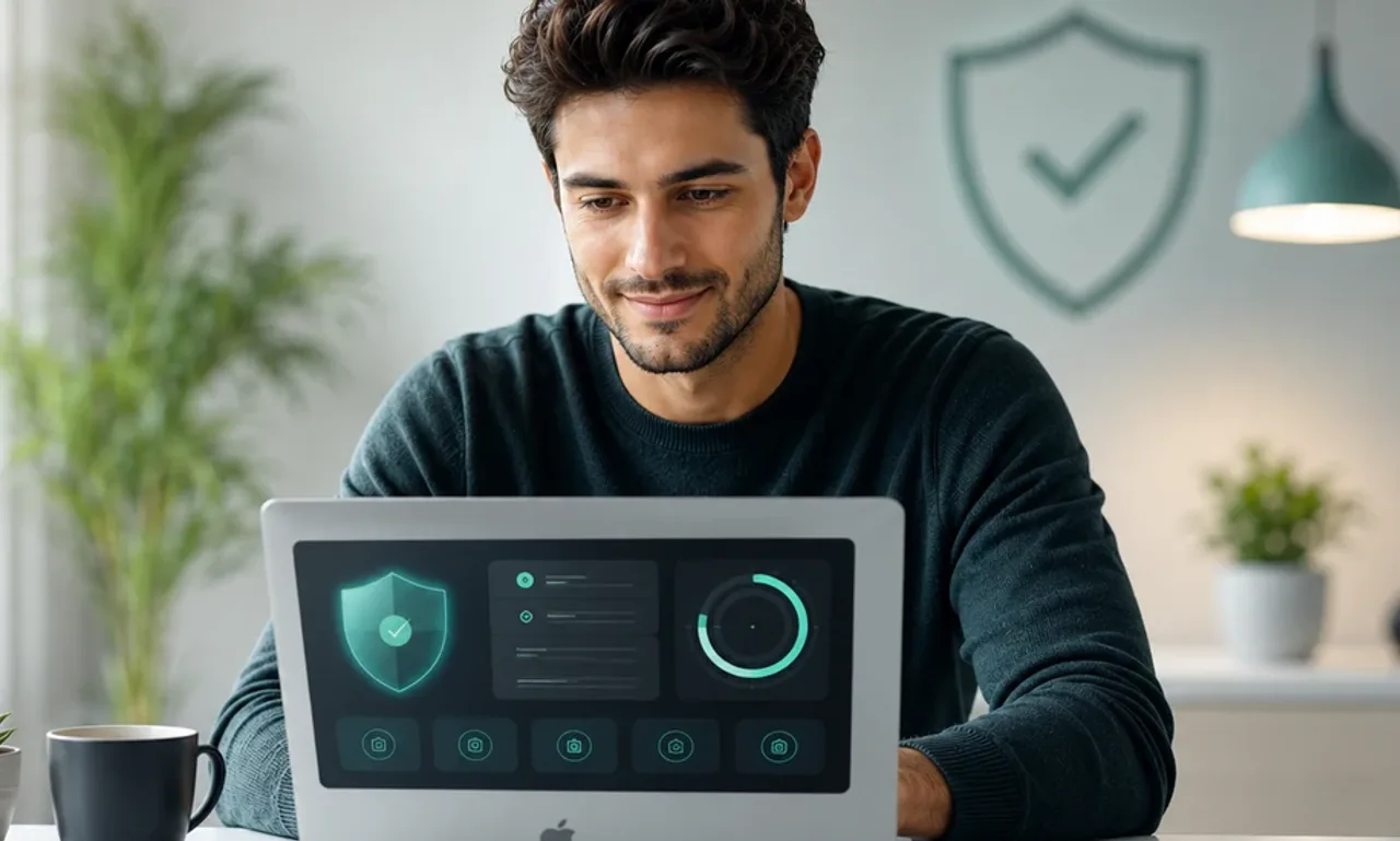 MacKeeper 2026 review featured image showing a reassured Mac user reviewing a clean security and cleanup dashboard on a laptop in a bright minimal home office