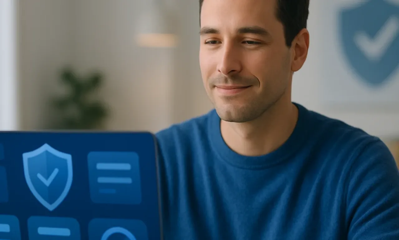 Malwarebytes 2026 review featured image showing a reassured person reviewing a clean security dashboard on a laptop in a bright minimal home office