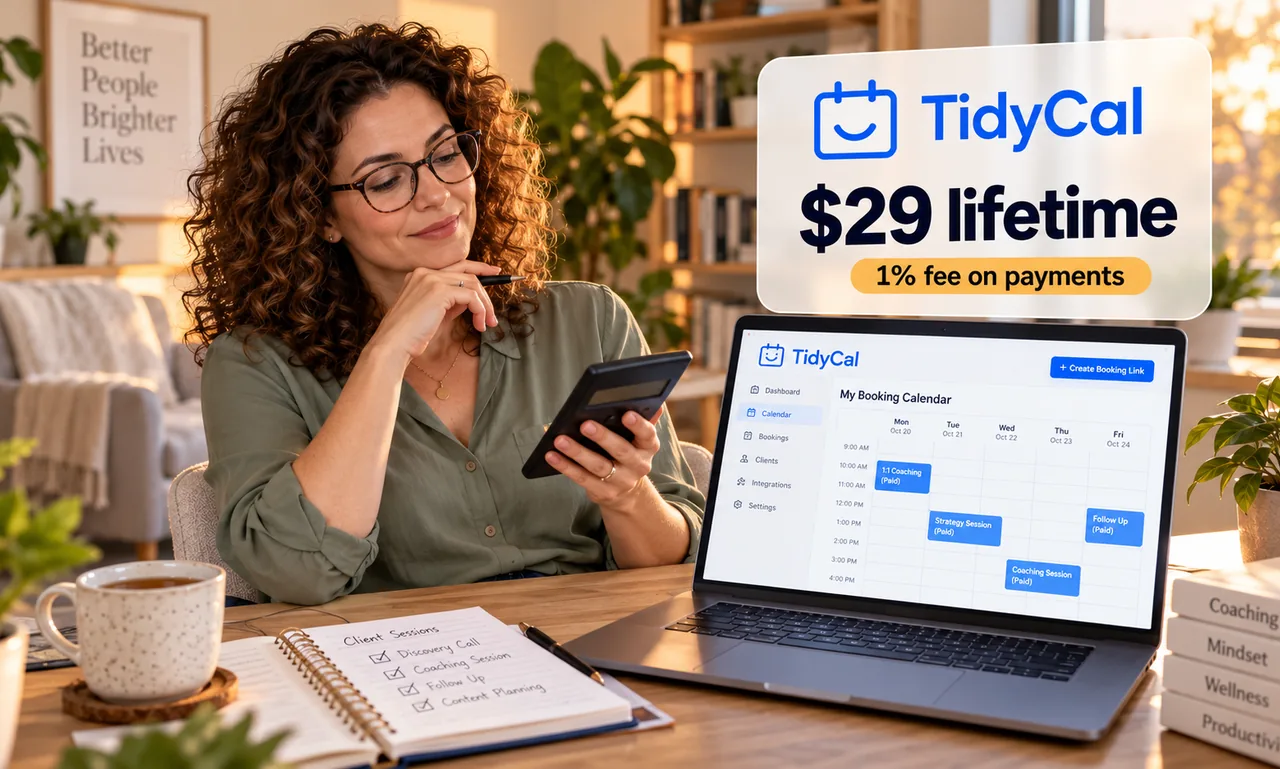 Life coach in glasses checking a calculator beside a laptop showing a TidyCal booking calendar of paid sessions, under a card reading TidyCal $29 lifetime, 1% fee on payments