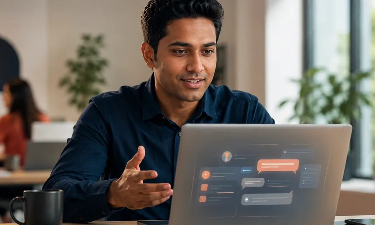 Troop Messenger 2026 review featured image showing a focused product manager evaluating the Slack alternative team messenger on a laptop in a bright collaborative workspace