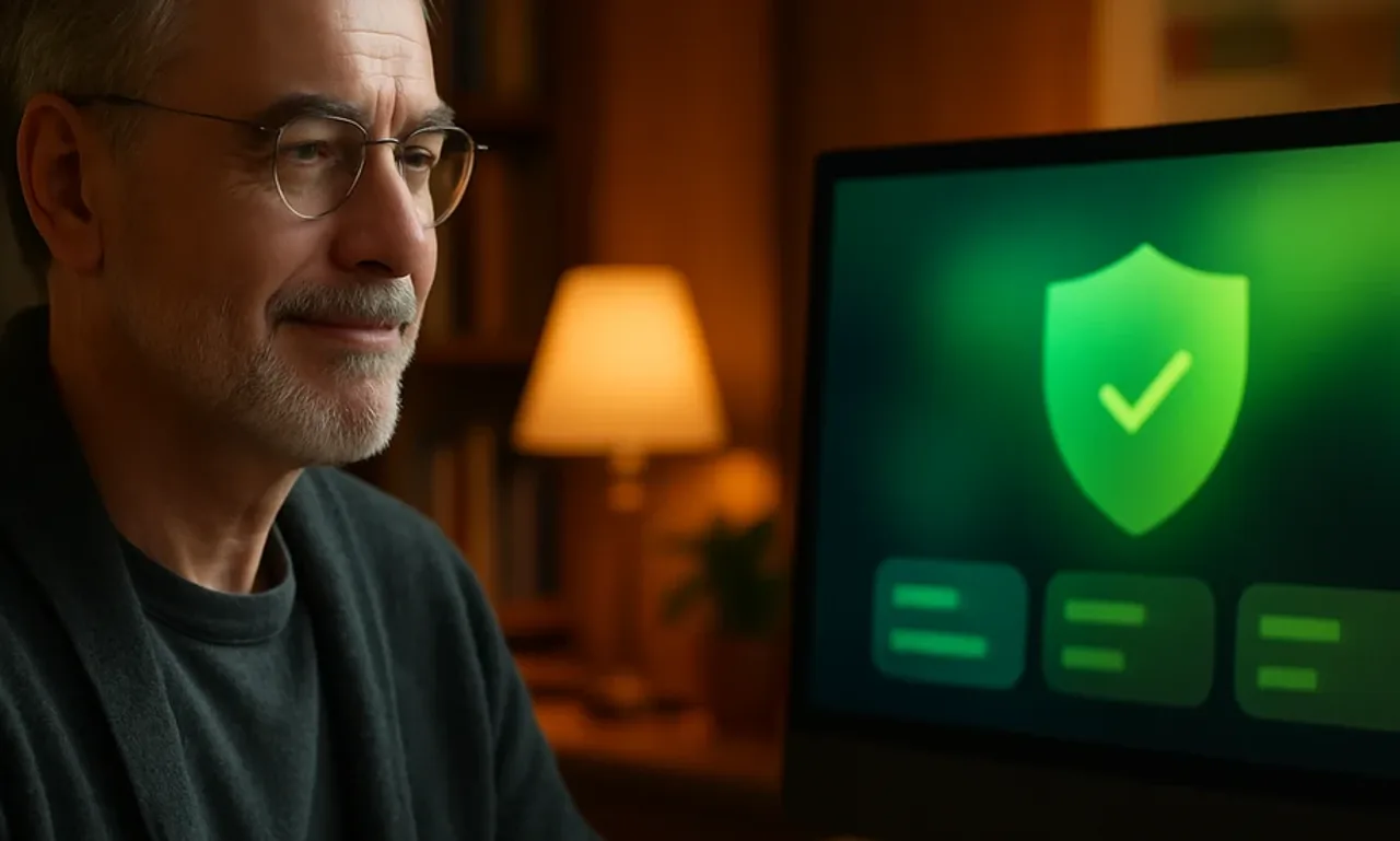 VIPRE 2026 review featured image showing a reassured older man in a home study reviewing a clean security dashboard on a desktop monitor